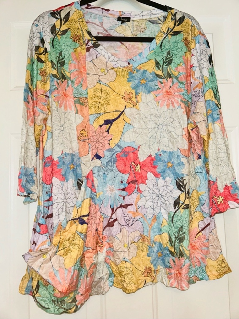 SHANA Crinkle 1 Pocket Tunic Top Floral V-Neck L Multicolor Lightweight